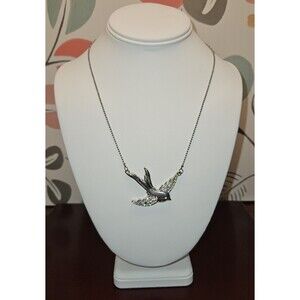 Silver Tone Swallow Bird w/ Clear Rhinestones Adjustable Chain Necklace 21"